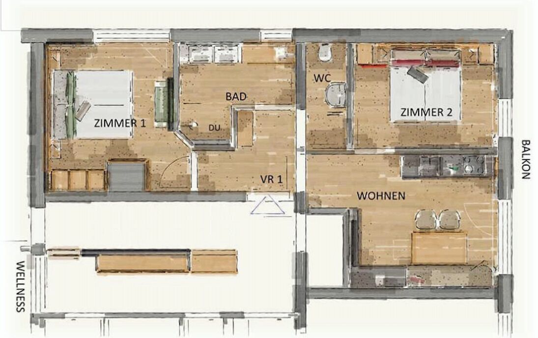 Plano de planta de un hotel con dos dormitorios (Zimmer 1 y Zimmer 2), un baño (WC), una zona de balcón (Balkon) y una zona de bienestar (WELLNESS).