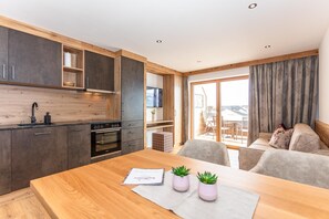 Comfort appartement, 1 slaapkamer, balkon | Privékeuken | Een koelkast met diepvriezer, een oven, een kookplaat, een vaatwasser