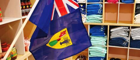 A flag with a Union Jack and a coat of arms, held in a store with shelves of folded clothes and shoes.