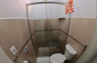 Un box de ducha pequeño y cerrado con puerta de cristal, un inodoro y un toallero adosado a la pared.