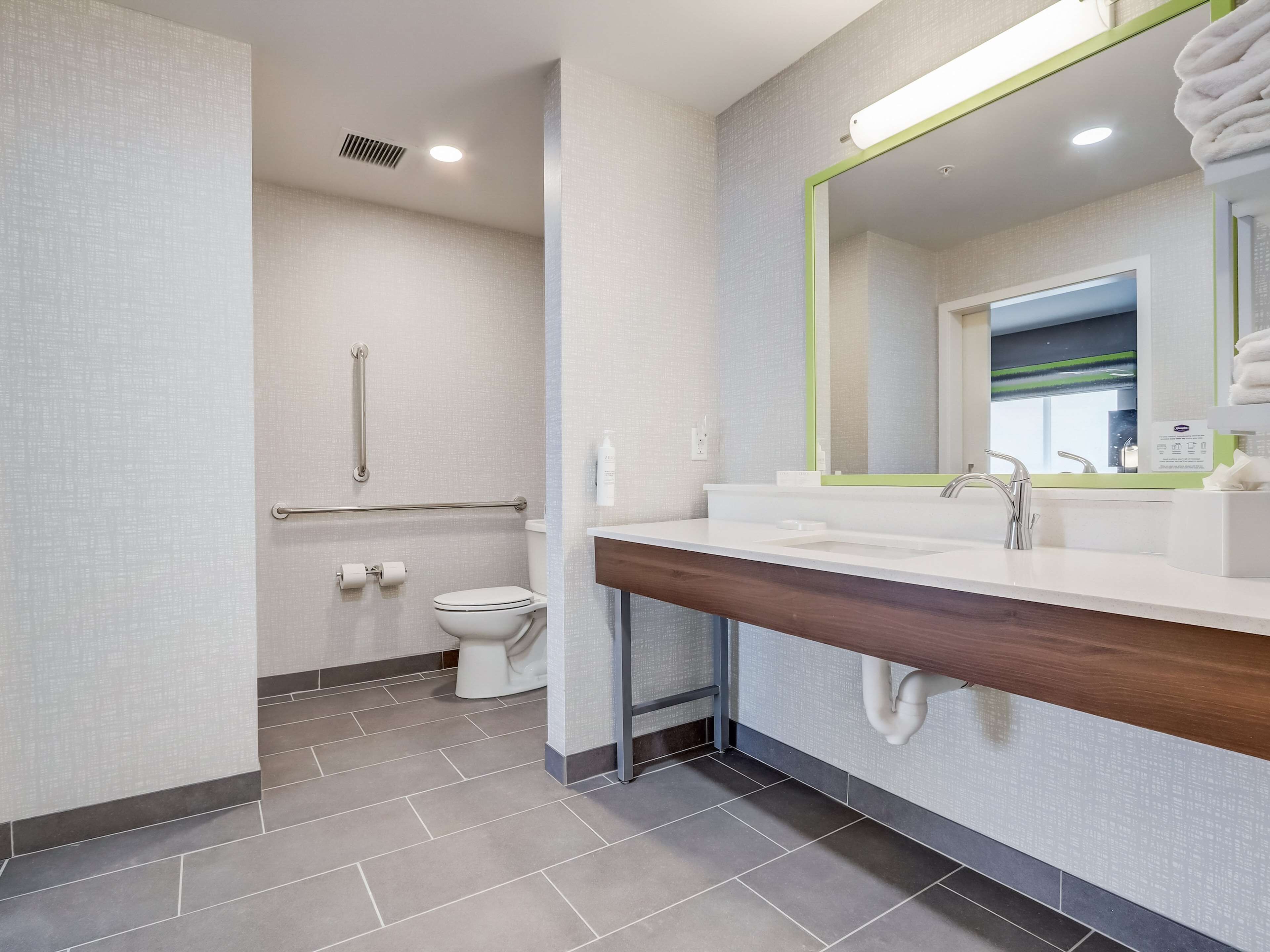 A modern bathroom with a walk-in shower, a toilet, and a vanity with a mirror.