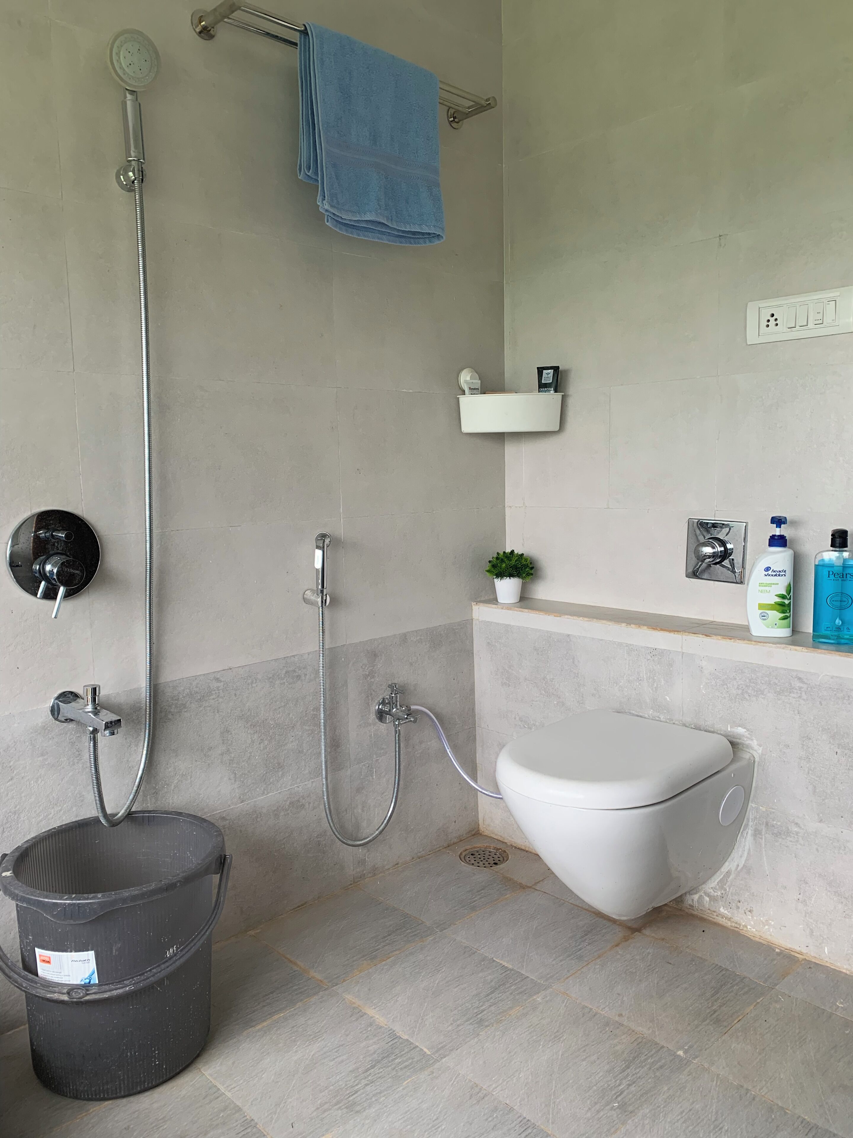 Hair dryer, towels, soap, toilet paper