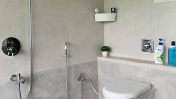 Hair dryer, towels, soap, toilet paper