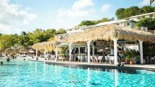 Un espace aménagé au bord de la piscine, avec un bar et des sièges, entouré de parasols en chaume et de palmiers.
