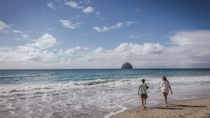 Deux personnes se promènent sur une plage, et on aperçoit un grand rocher au loin.