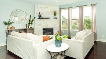 Smart TV, caminetto, tavolo da calcetto, libri