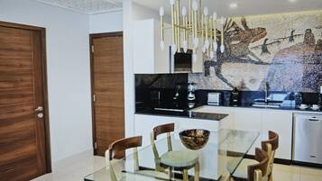 Fridge, dining tables