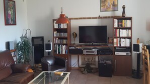 A living room with a leather sofa, a glass coffee table, a TV, and bookshelves. - Location Maison de Village, vue Exceptionnelle (Grambois)