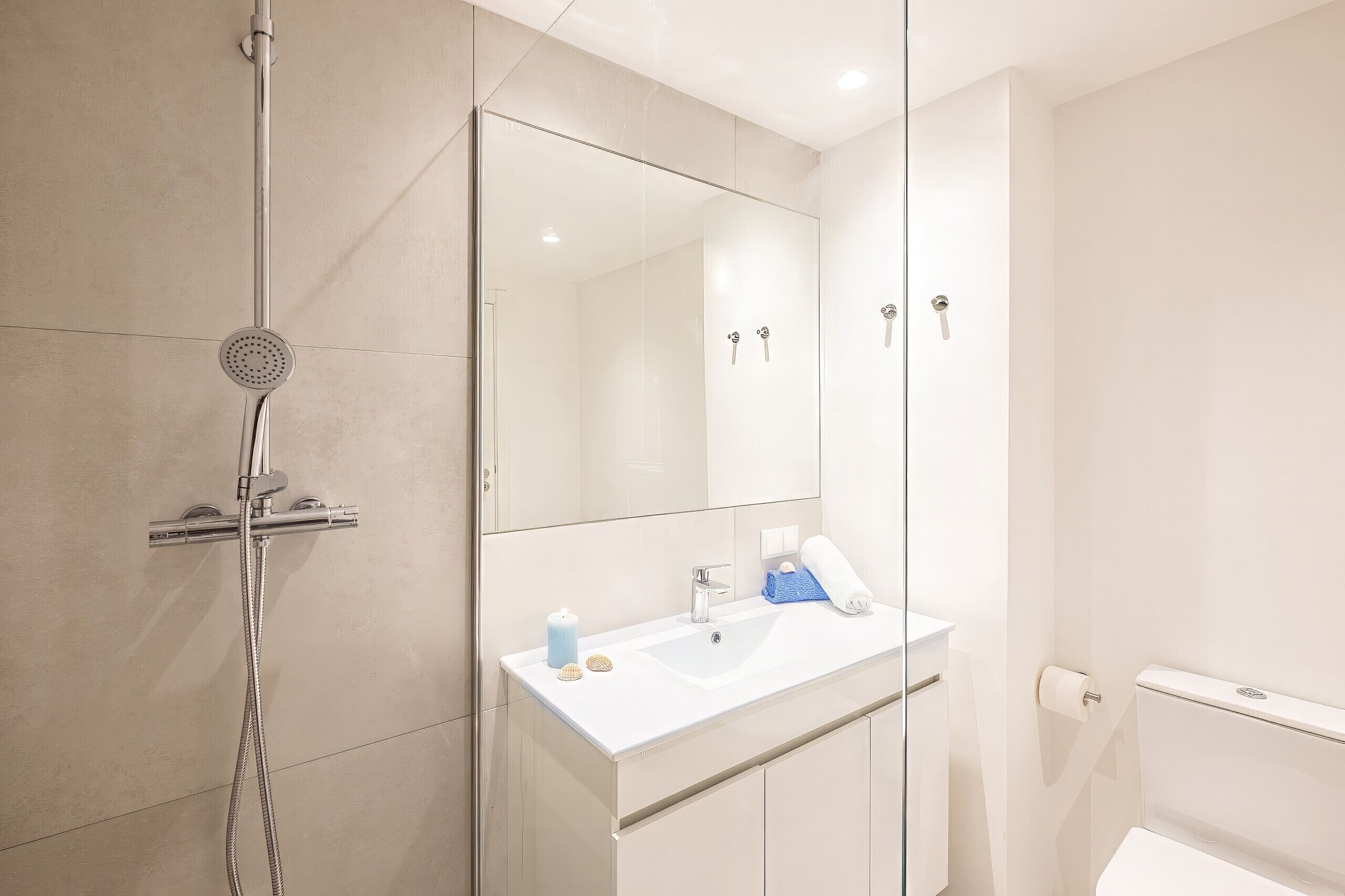 A modern bathroom with a glass shower enclosure, a white sink, and a large mirror.