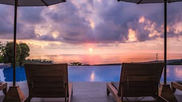 Outdoor pool, pool umbrellas, pool loungers