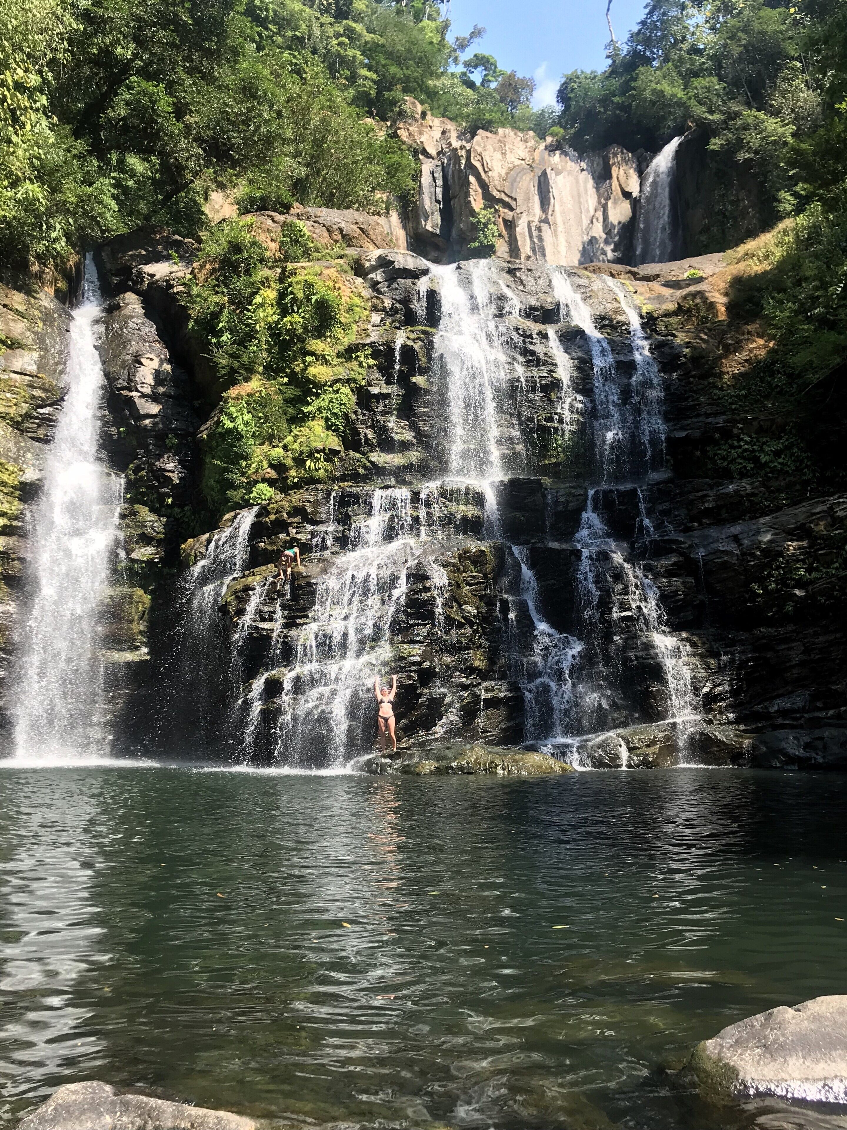 Una cascada se precipita sobre terreno rocoso hacia un estanque, rodeado de abundante vegetación.