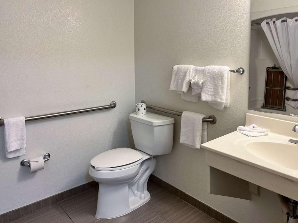 Een badkamer met toilet, wastafel en handdoekhouder.