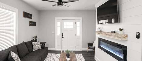 Télévision, cheminée, espaces bureaux