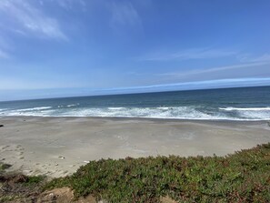Una playa con olas, cielo despejado y algo de vegetación al frente.