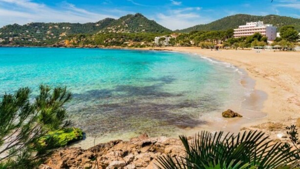 A beach with clear turquoise waters, a sandy shore, and a building in the background. - Sea apartment 1A with pool, 2 min. canyamel beach (Capdepera)