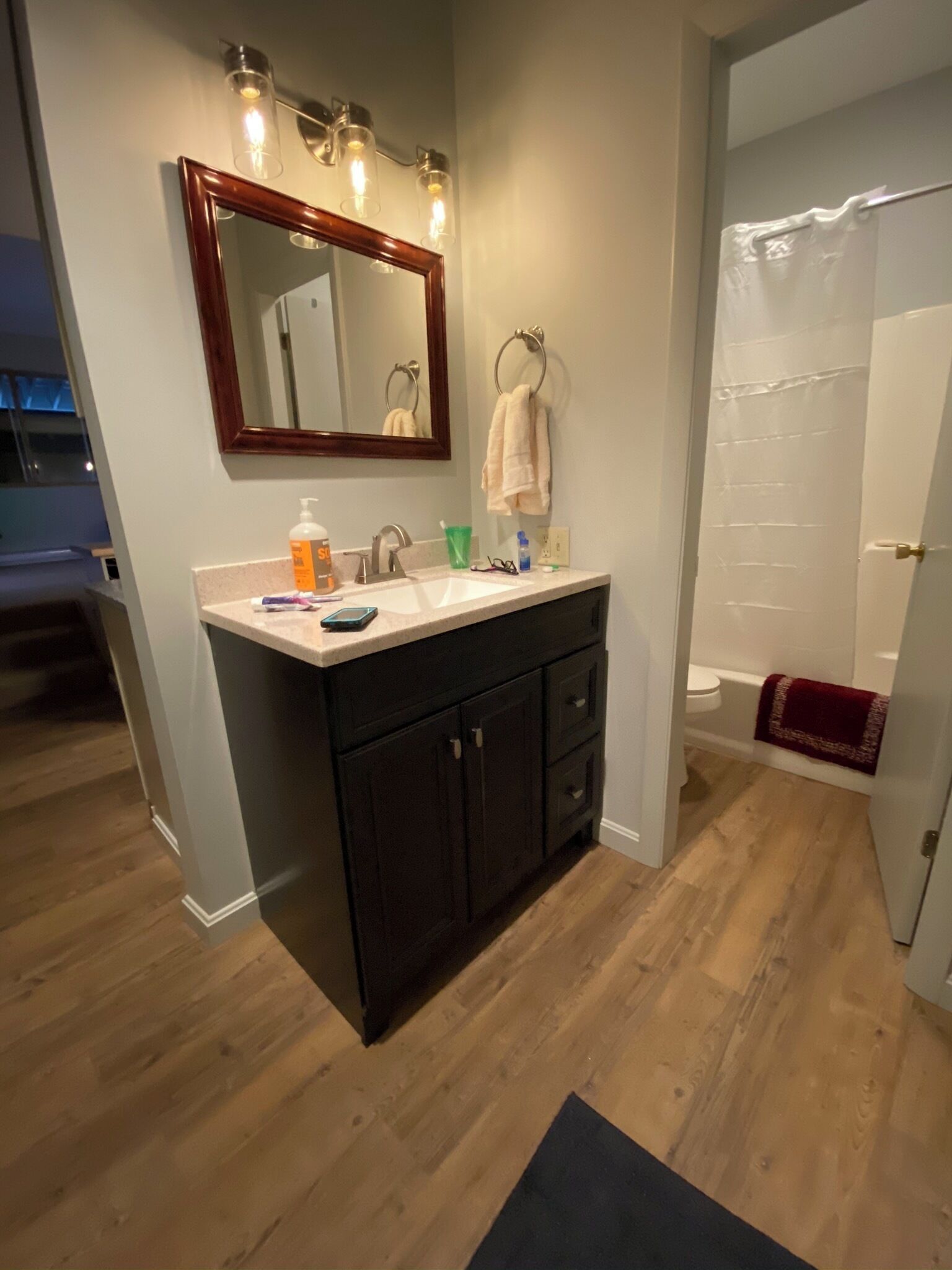 Hair dryer, towels, soap, toilet paper