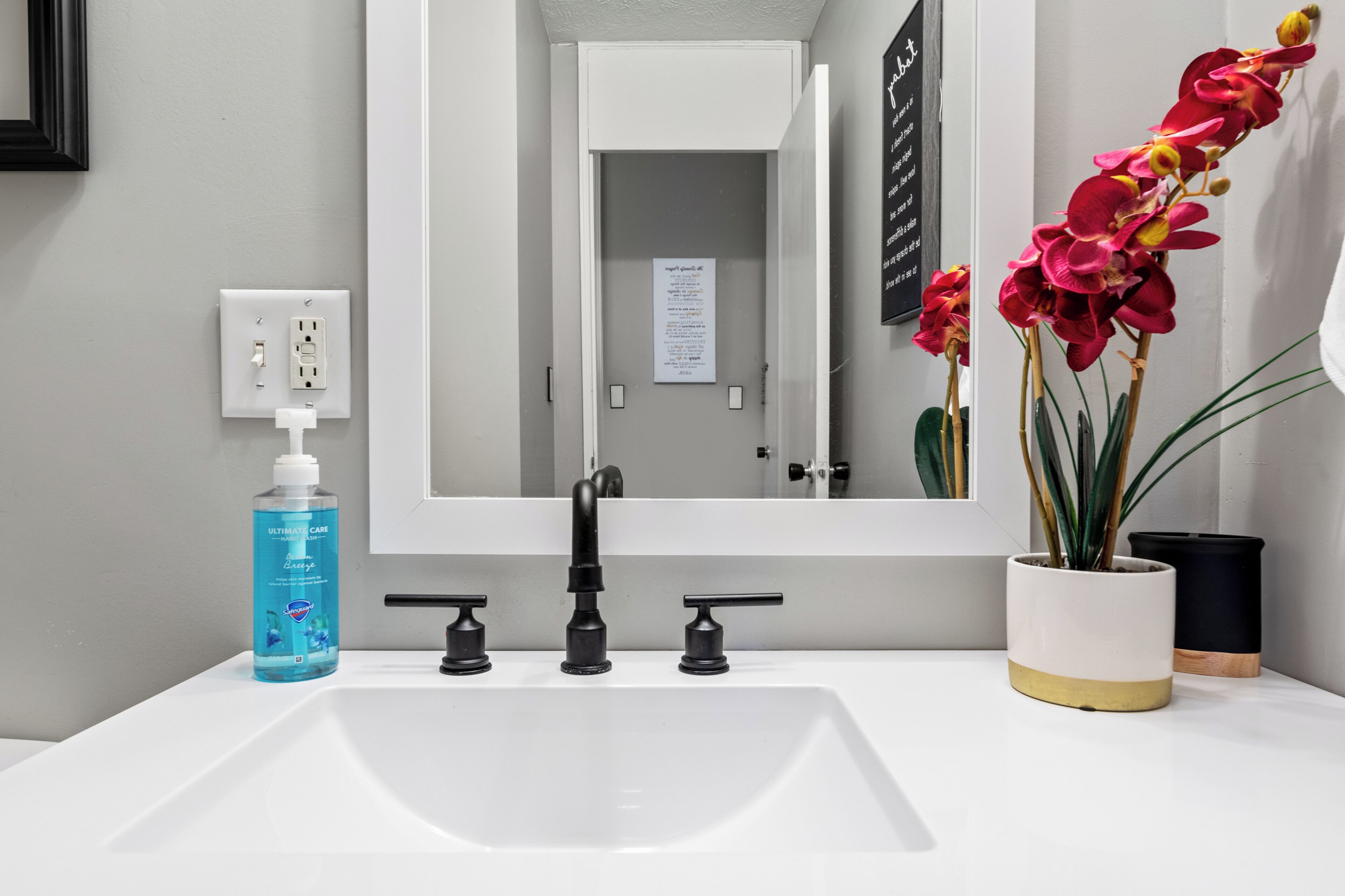 Hair dryer, towels, soap, shampoo