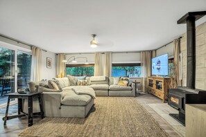 Smart TV, fireplace, books, computer monitors