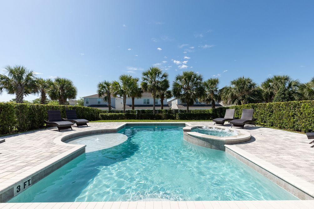 A swimming pool with lounge chairs, palm trees, and a hedge.