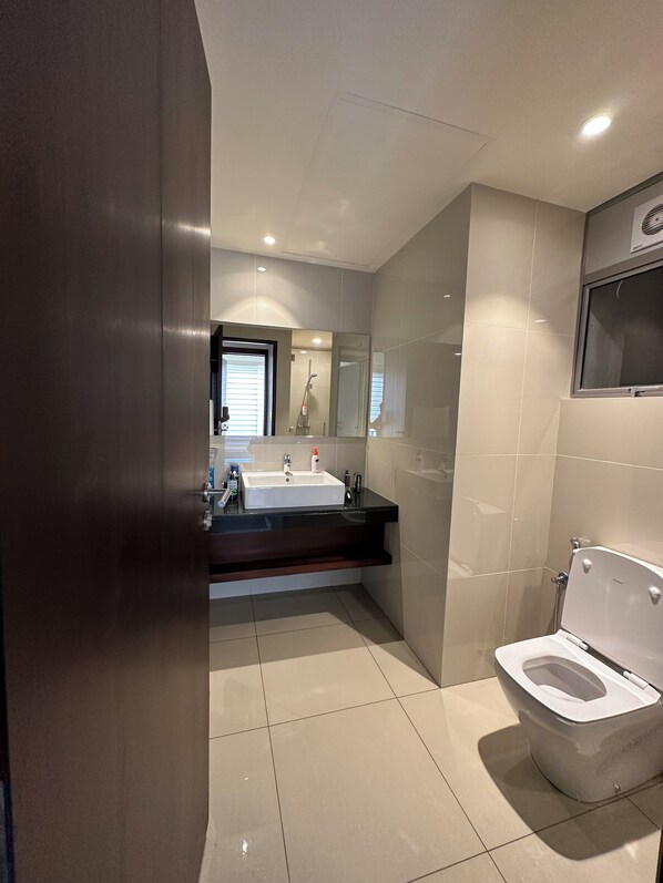 Hair dryer, bidet, towels, soap