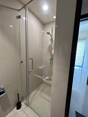 Hair dryer, bidet, towels, soap