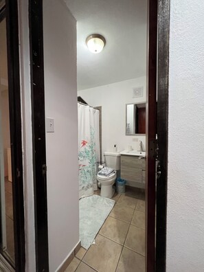 Hair dryer, towels, soap, shampoo