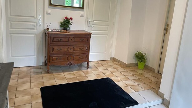 A room with a wooden dresser, a black rug, a mirror, and a small potted plant. - Chambre Giverny (Hargeville)