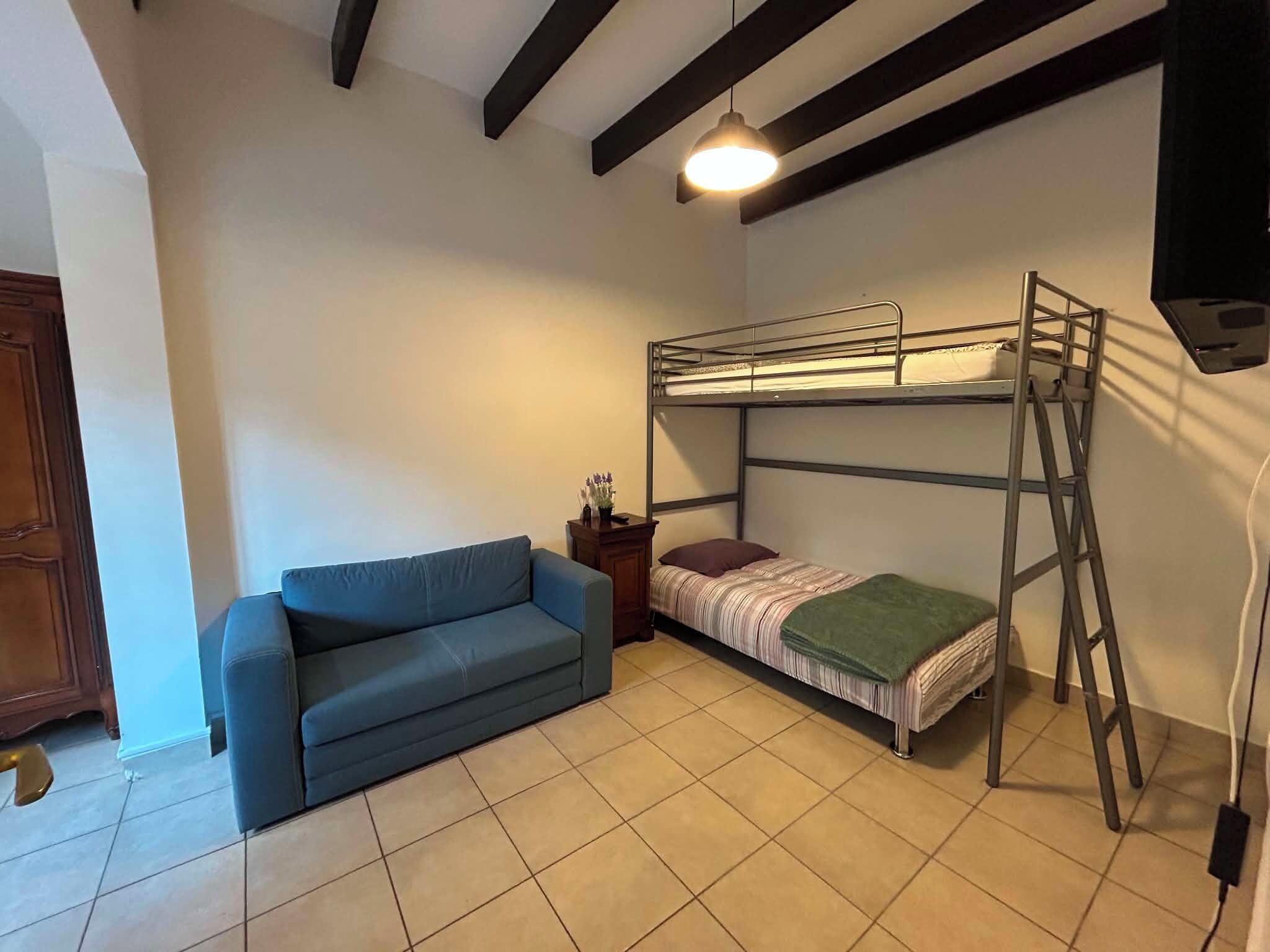 A room with a bunk bed, a sofa, a small table with a vase, and a ladder.