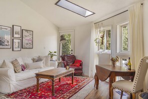 Smart TV, fireplace, books