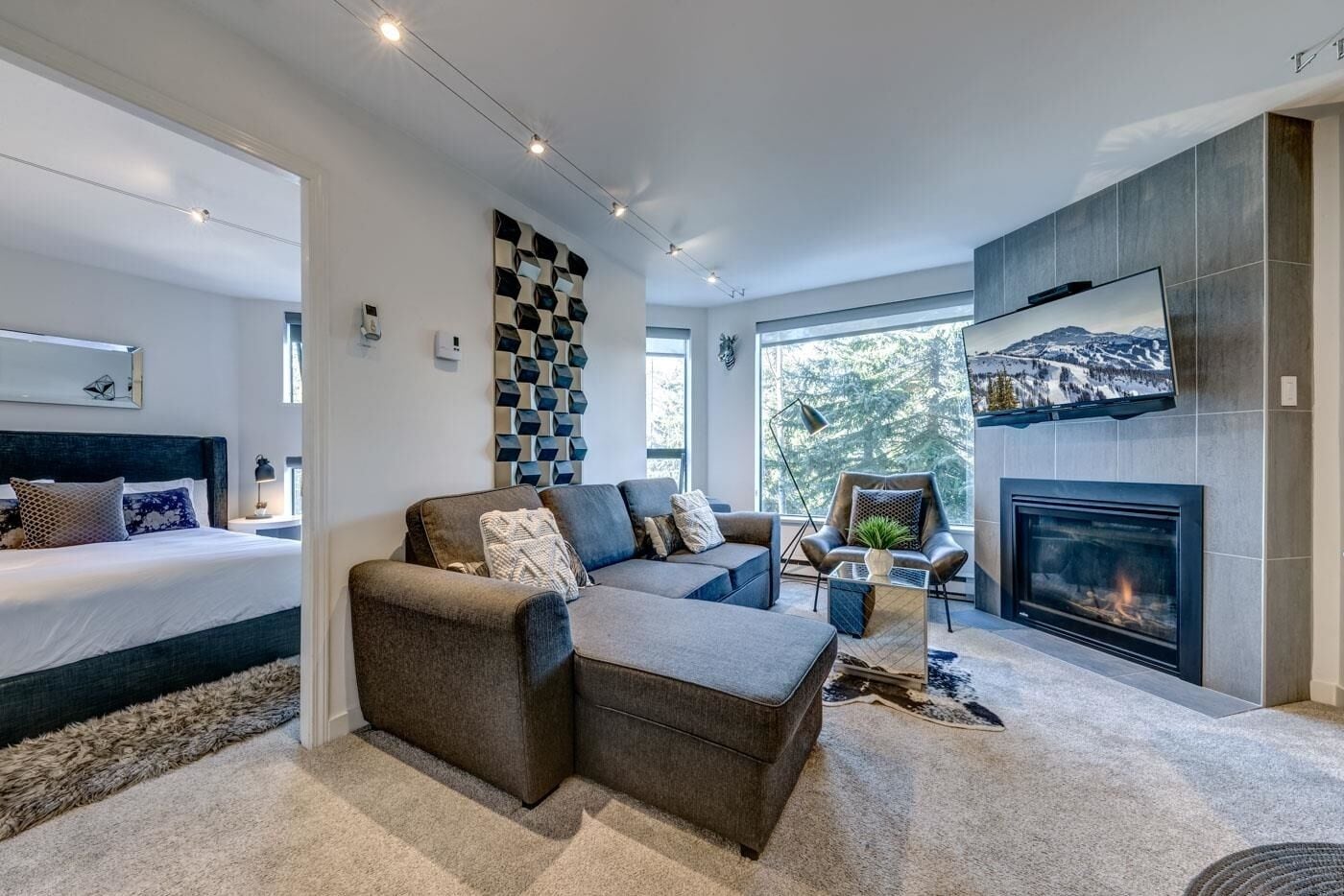 Living room, master bedroom and fireplace