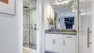 Hair dryer, towels, soap, shampoo