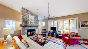 TV, fireplace, DVD player, video library