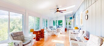 Mountain-view home with deck, Ping-Pong, sunroom, grill, & washer/dryer