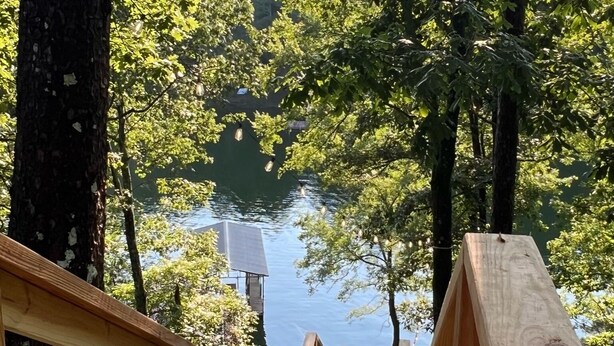 A wooden staircase leading to a dock over a body of water, surrounded by trees.