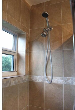 Hair dryer, towels, soap, shampoo