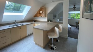 A modern kitchen with a large island, built-in cabinets, and a skylight. - Beautiful views, quiet space (Victoria)