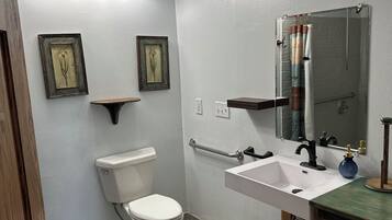 Un baño con inodoro, lavamanos y ducha. Hay dos cuadros enmarcados en la pared, un perchero y un tapete azul en el suelo.