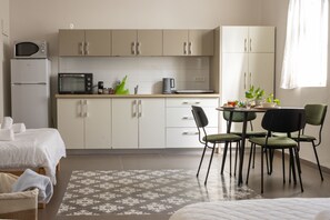 Fridge, microwave, stovetop, toaster