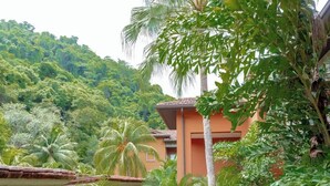 Un edificio rodeado de exuberante vegetación y palmeras.