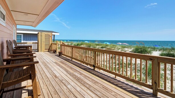 A wooden deck with a view of the beach and ocean. - West End Gulls~ Guest Favorite ~ Beach Access ~ Astonishing Views (Oak Island)