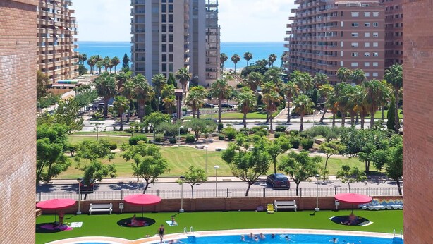 A pool area with multiple lounge chairs and umbrellas, surrounded by palm trees and a view of the ocean. - Pet friendly apartment in Oropesa del Mar (Oropesa del Mar)