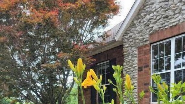 A cottage with a stone exterior, a front yard with flowering plants, and a clear sky.