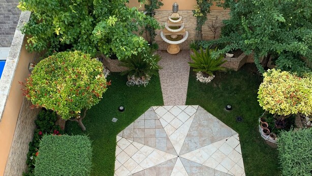 Een dakbostuin met een centraal achthoekig terras, omringd door diverse planten en een decoratieve fontein.