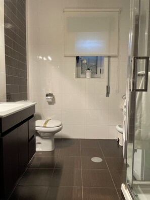 Douche, séchoir à cheveux, bidet, serviettes fournies