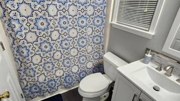 Hair dryer, towels, soap, toilet paper