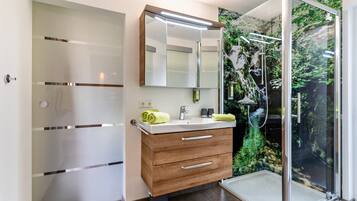 Regadera, secadora de cabello, toallas