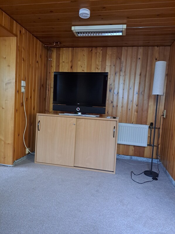 A room with wooden walls, a flat-screen TV on a cabinet, a standing lamp, and a ceiling vent.