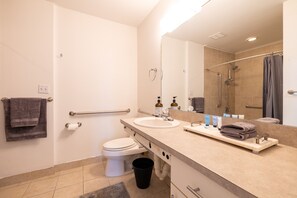 Shower, towels, soap, shampoo
