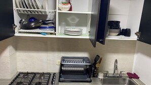 Una cocina con estufa a gas, un lavamanos y armarios abiertos que contienen platos y utensilios.