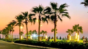 Una vista al atardecer con palmeras y farolas a lo largo de una carretera.